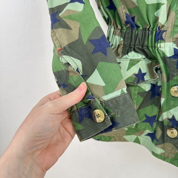 Boden Jacket Kids 6-7Y Green Blue Camo Stars Cotton Army Button Elastic Waist - Picture 2 of 9